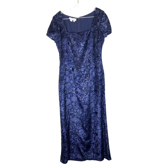 Womens 10 Boho Chic Blue Metallic Flowy Burnt Velvet Narrow Waist Gown Kay Unger - Picture 13 of 13